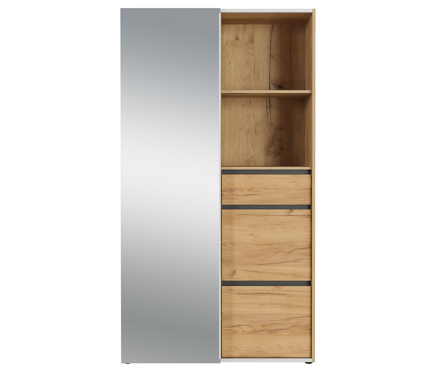 Kompaktgarderobe »Aledo« mit Spiegeltür, drei Schubladen und offenen Regalfächern.