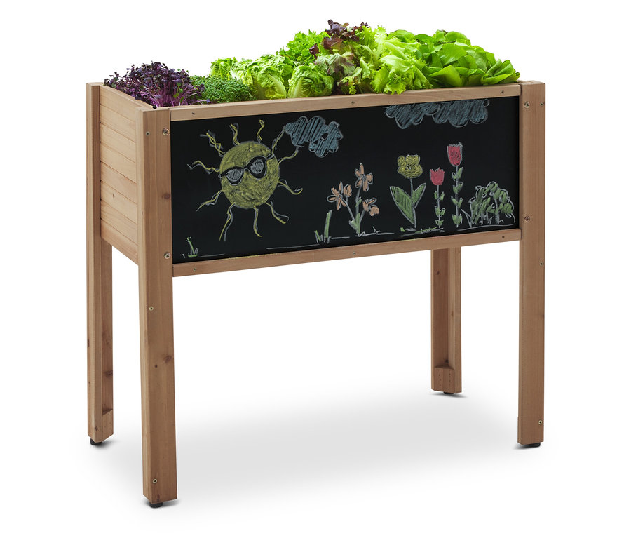 Hochbeet aus Holz mit Salat und Kreidezeichnungen von Sonne und Blumen.