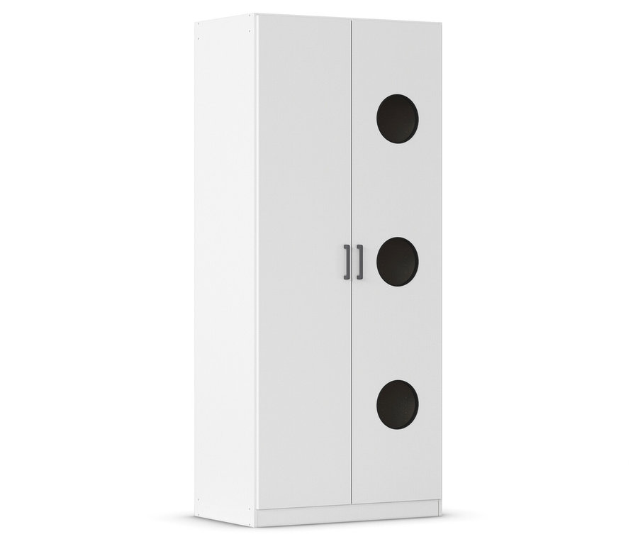 Weißer Schrank mit zwei Türen und drei runden, schwarzen Löchern.