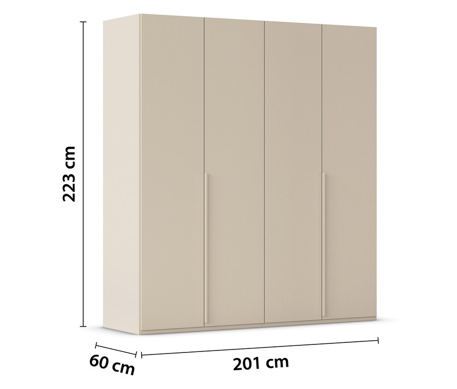 Beiger Kleiderschrank mit vier Türen und silbernen Griffen. Die Maße sind 223 cm Höhe, 60 cm Tiefe und 201 cm Breite.