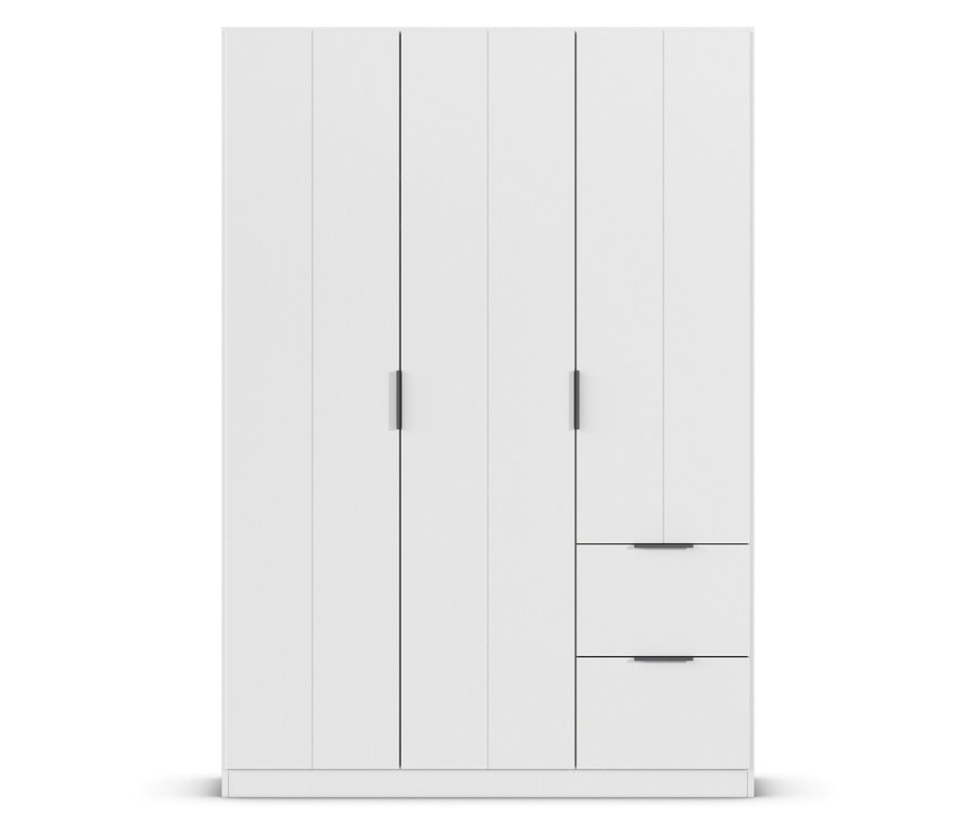 Weißer Kleiderschrank mit vier Türen und zwei Schubladen.