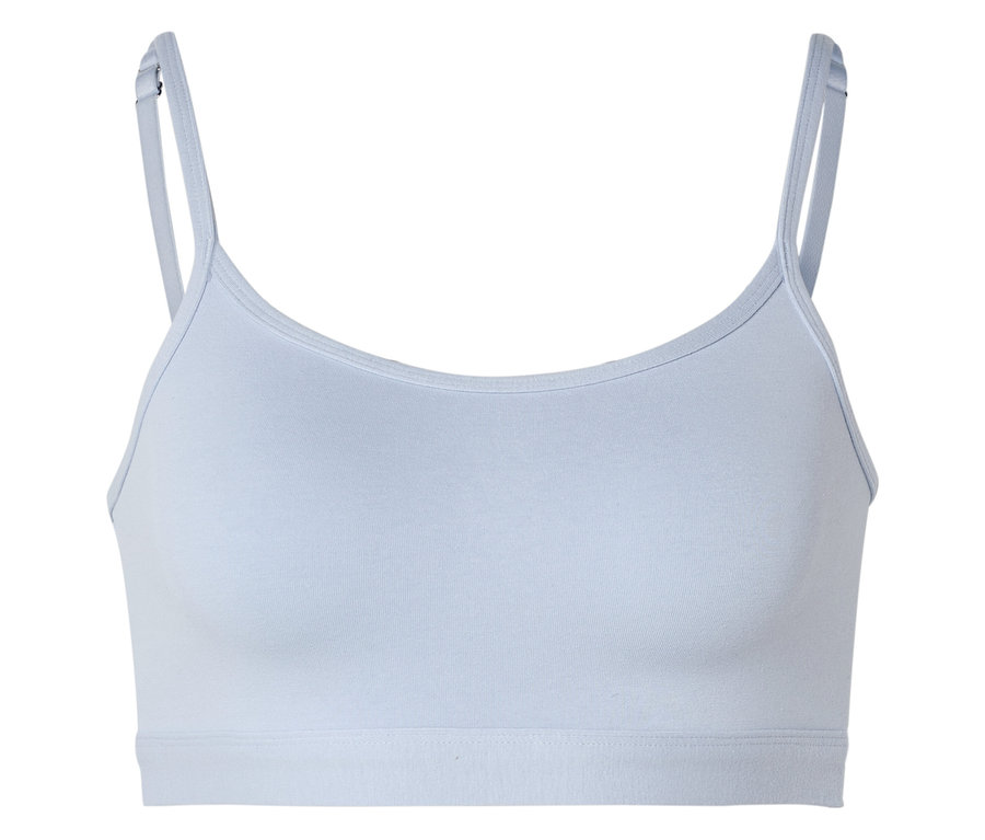 Hellblauer Sport-BH mit dünnen Trägern und verstellbaren Schnallen, frontal aufgenommen.