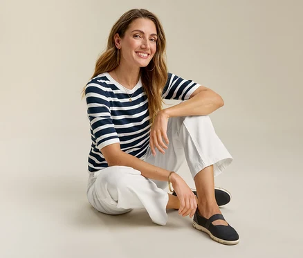 Frau sitzt mit Wide-Komfort-Jeans, blau-weiß gestreiftem Shirt und dunklen Schuhen auf dem Boden.