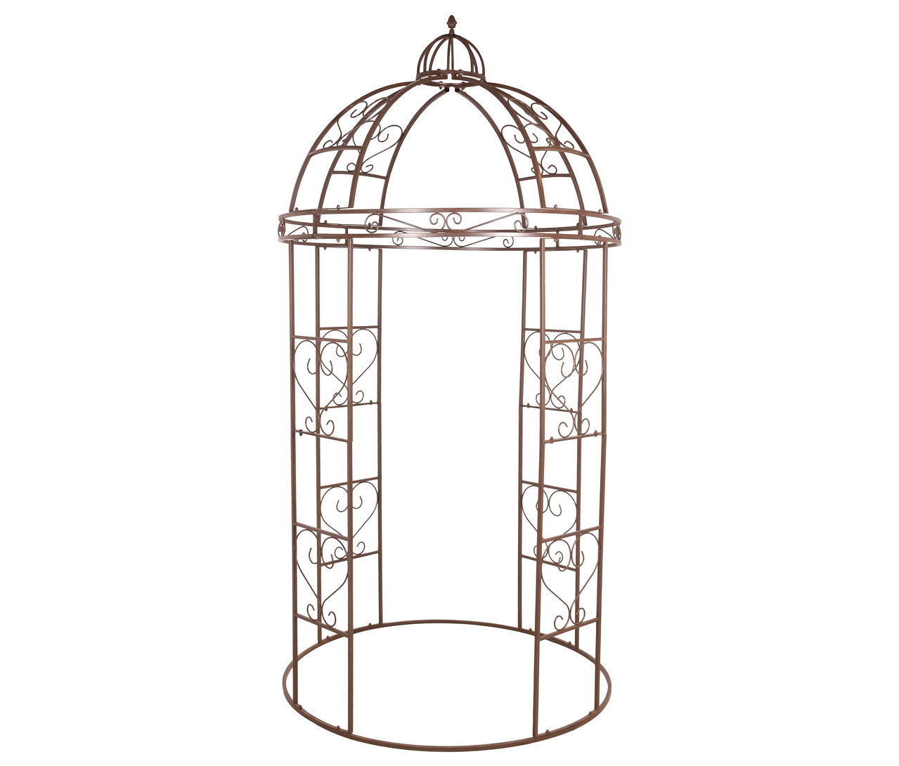 Freistehende, braune Gartenlaube mit Herzmuster und gewölbtem Dach.