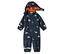 Marineblauer Overall mit Kapuze und Dinosaurier-Muster liegt auf dem Boden.