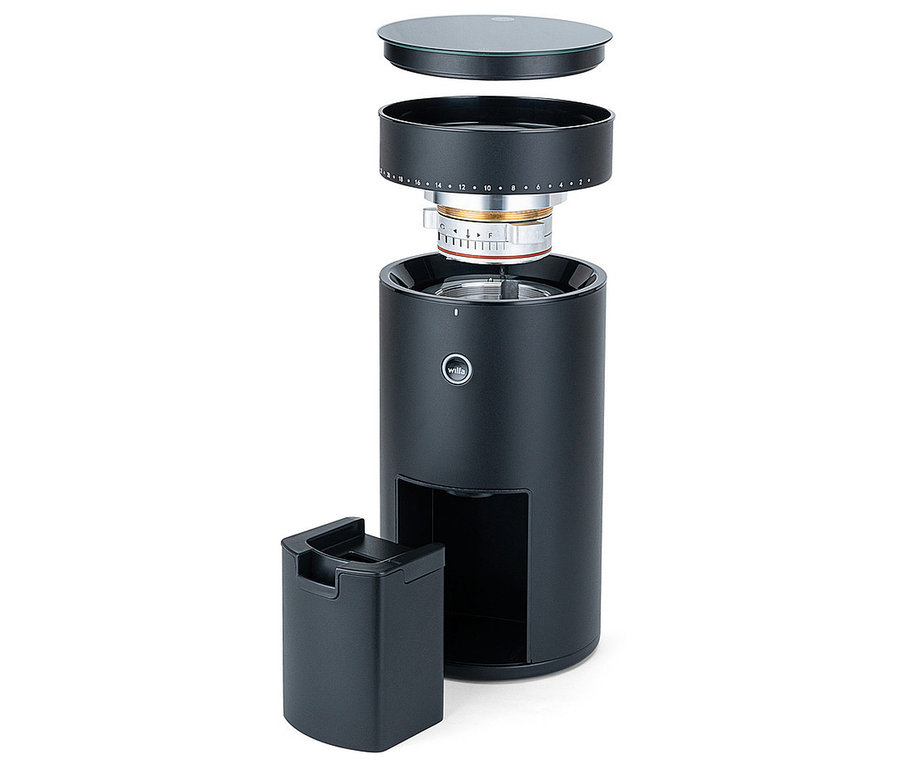 Schwarze Wilfa Uniform Evo CG4B-S150 Kaffeemühle mit Waage, zerlegt mit zylindrischem Gehäuse, Mahlwerk, Bohnenbehälterring, Glasdeckel und Auffangbehälter.