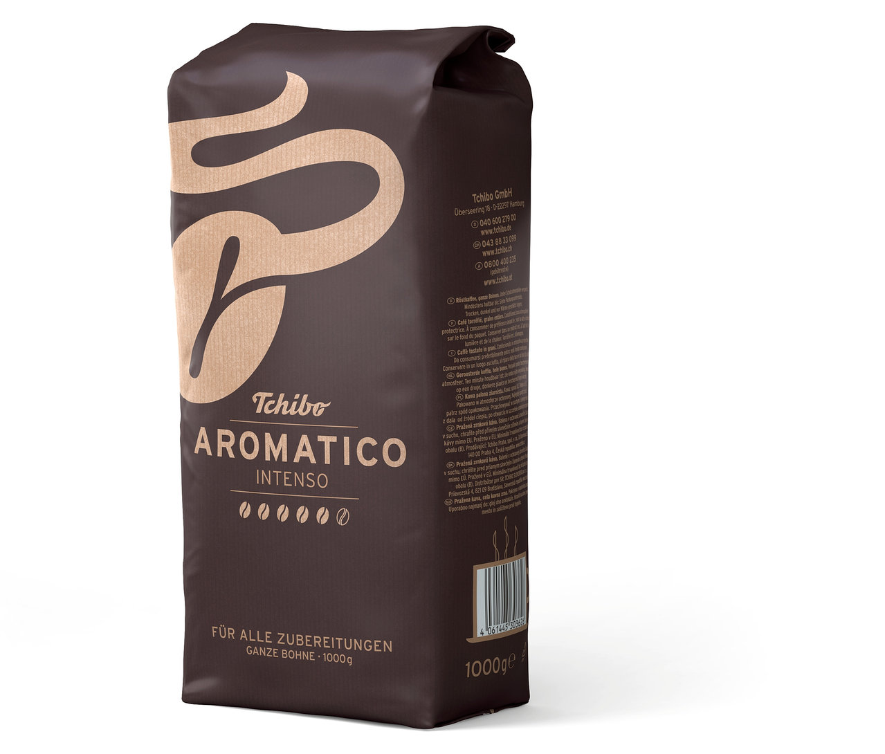 Eine braune Packung Aromatico Intenso - 1 kg Ganze Bohne Kaffee von Tchibo steht aufrecht.