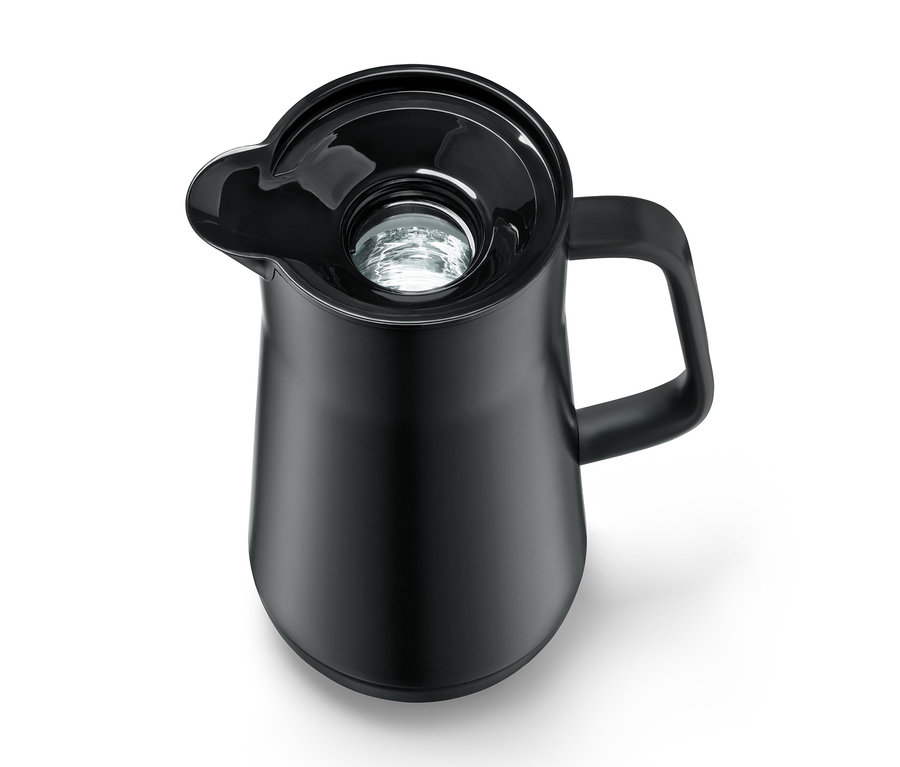 Eine schwarze Isolierkanne, 1l, mit offenem Deckel.