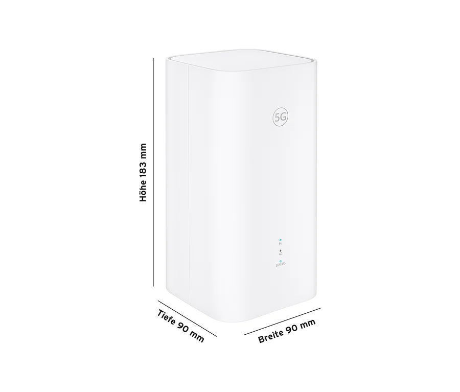 Abmessungen des Homespot-Routers 5G ZOWEE: 183 mm hoch, 90 mm tief und 90 mm breit.
