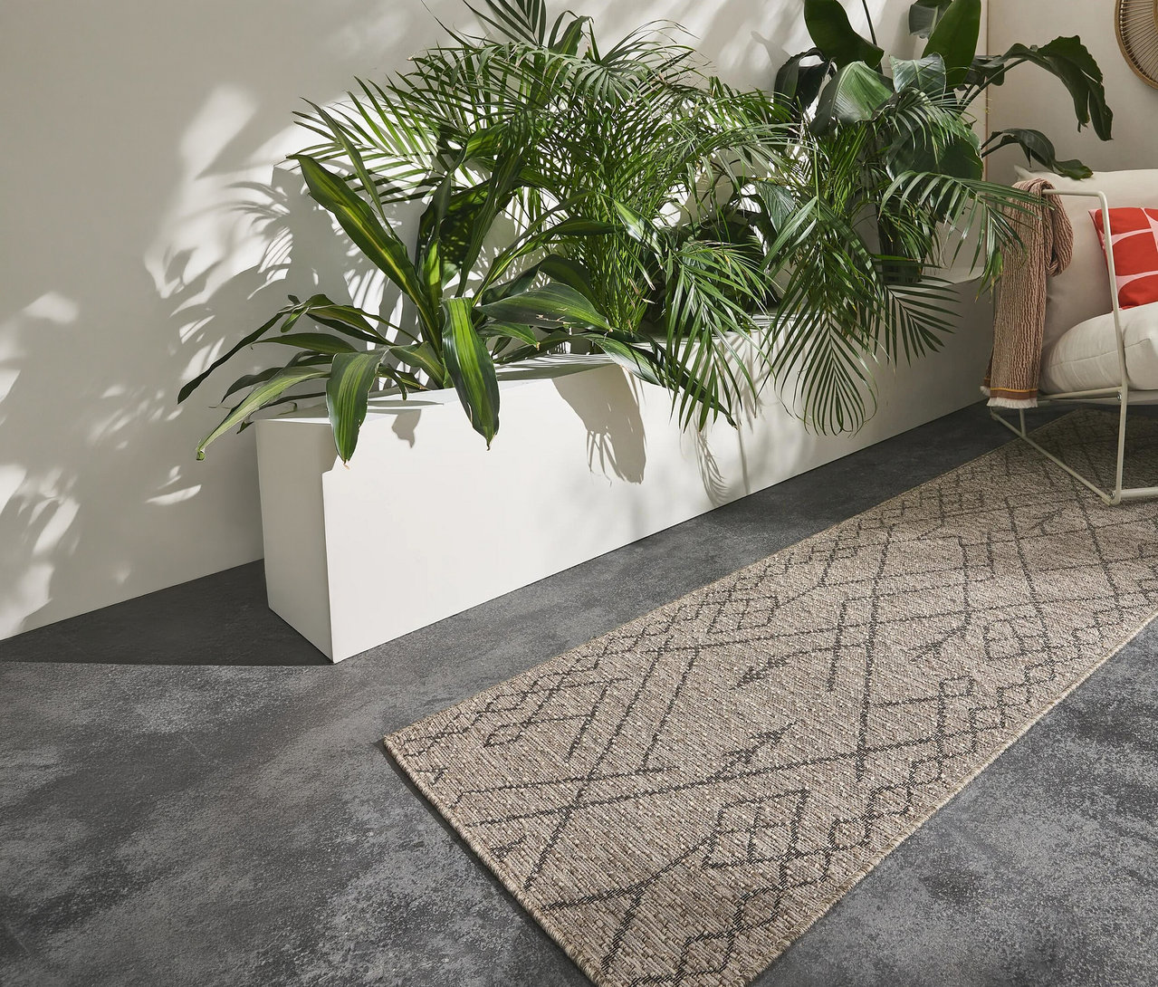 Ein hellbrauner Läufer mit dunklem geometrischem Muster liegt auf einem dunkelgrauen Boden neben einem weißen Pflanzgefäß mit grünen Pflanzen. Blattschatten fallen auf die weiße Wand dahinter, und ein weißer Stuhl mit Kissen ist rechts teilweise sichtbar.
