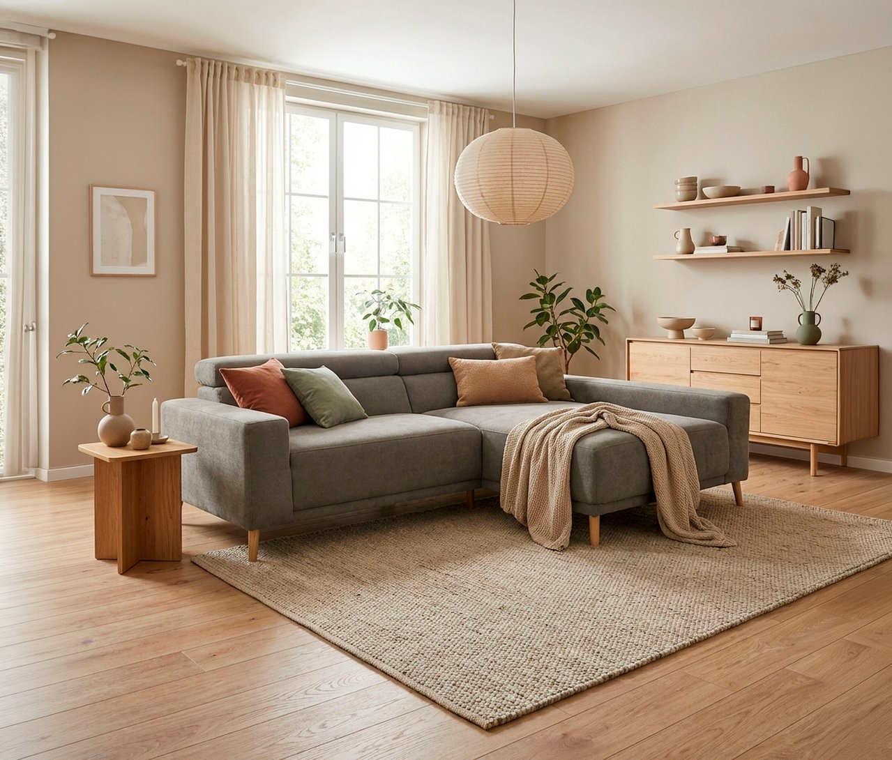 Ein modernes Wohnzimmer mit einem grauen L-förmigen Sofa, das mit farbigen Kissen und einem beigen Überwurf dekoriert ist und auf einem großen beigen Teppich steht. Ein kleiner Holztisch steht neben dem Sofa, während ein Holz-Sideboard und schwebende Regale mit Dekorationen an der rechten Wand sind. Heller Holzboden und transparente Vorhänge vervollständigen den hellen, naturfarbenen Raum.