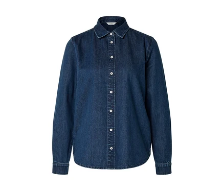 Dunkelblaues Jeanshemd mit langen Ärmeln, klassischem Kragen und weißen Knöpfen vorne.