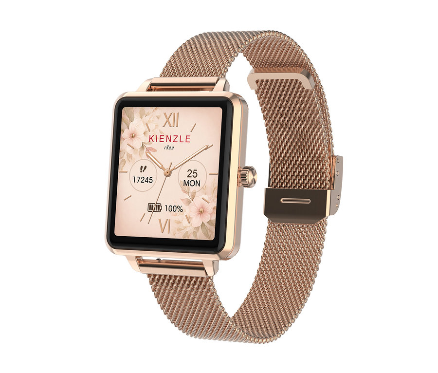 Roségoldene Smartwatch mit quadratischem Zifferblatt, roségoldenem Mesh-Armband und floralem Display.