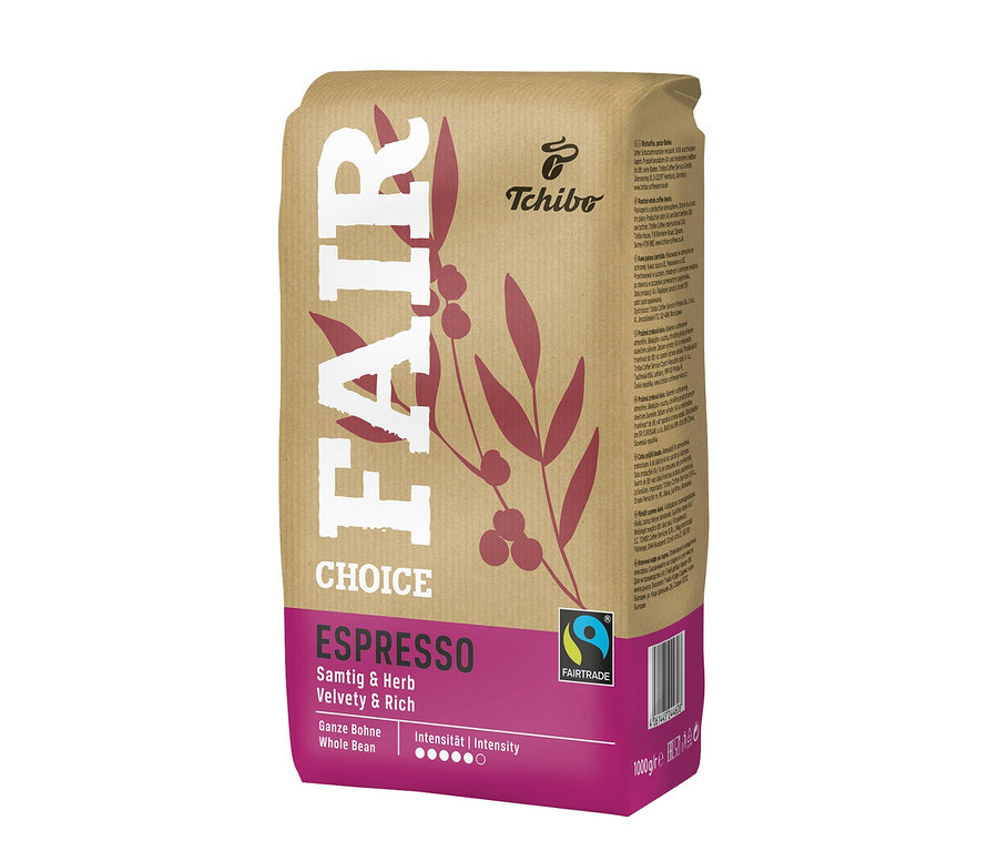 Eine Packung Fair Choice Espresso Ganze Bohne von Tchibo.