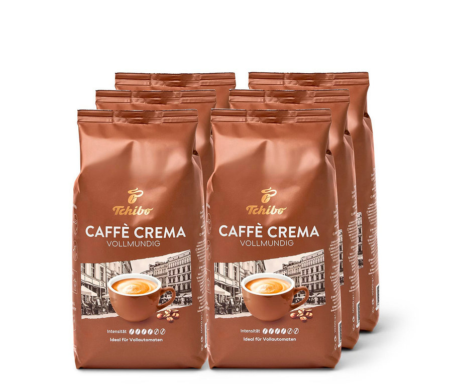 Sechs braune Packungen Caffè Crema Vollmundig - 6x 1 kg Ganze Bohne.