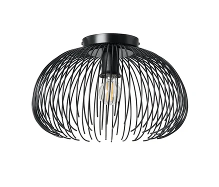 Schwarze Deckenleuchte mit einem Drahtgeflecht-Schirm in Form einer abgeflachten Kuppel. Eine Edison-Glühbirne ist im Inneren sichtbar.