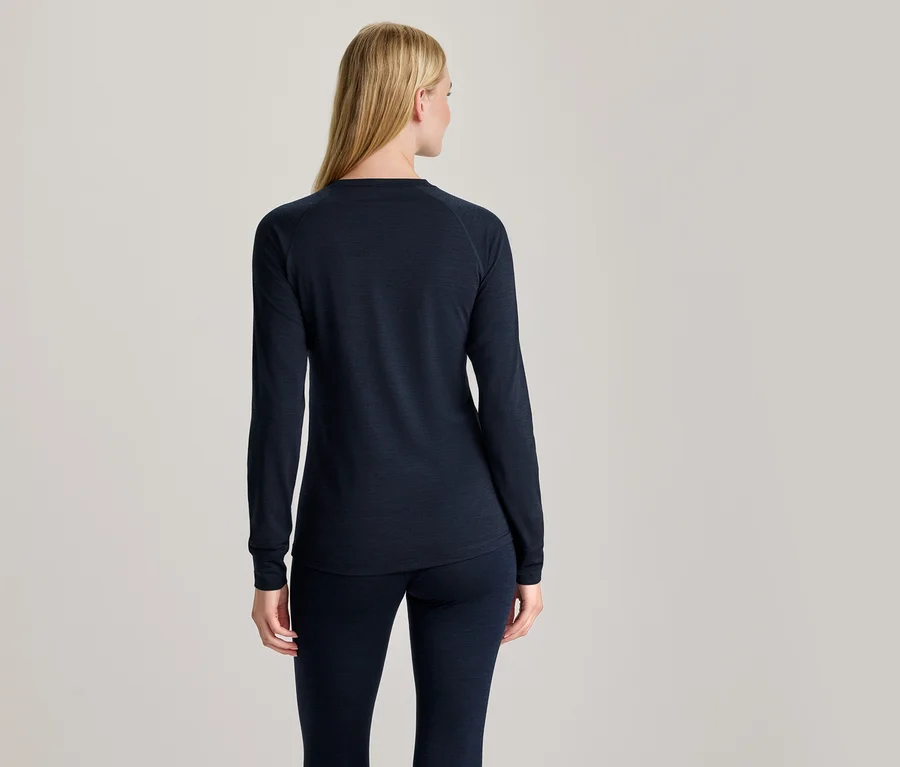 Frau mit blondem Haar von hinten gesehen, trägt ein dunkelblaues Langarmshirt und passende Leggings.