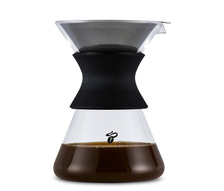Eine BEEM Pour Over, 0,75 l Glaskaraffe mit Filter und Kaffee.