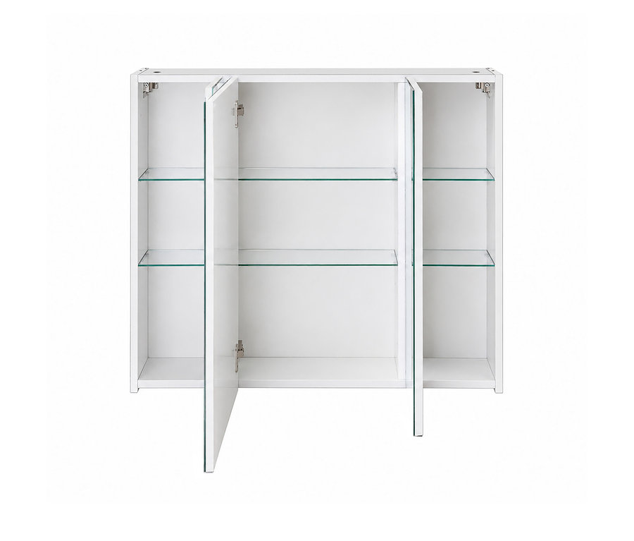 Weißer Spiegelschrank »Basic«, 80 cm, mit drei Türen; die mittlere ist offen, die äußeren leicht geöffnet und zeigen die Glasböden im Inneren.