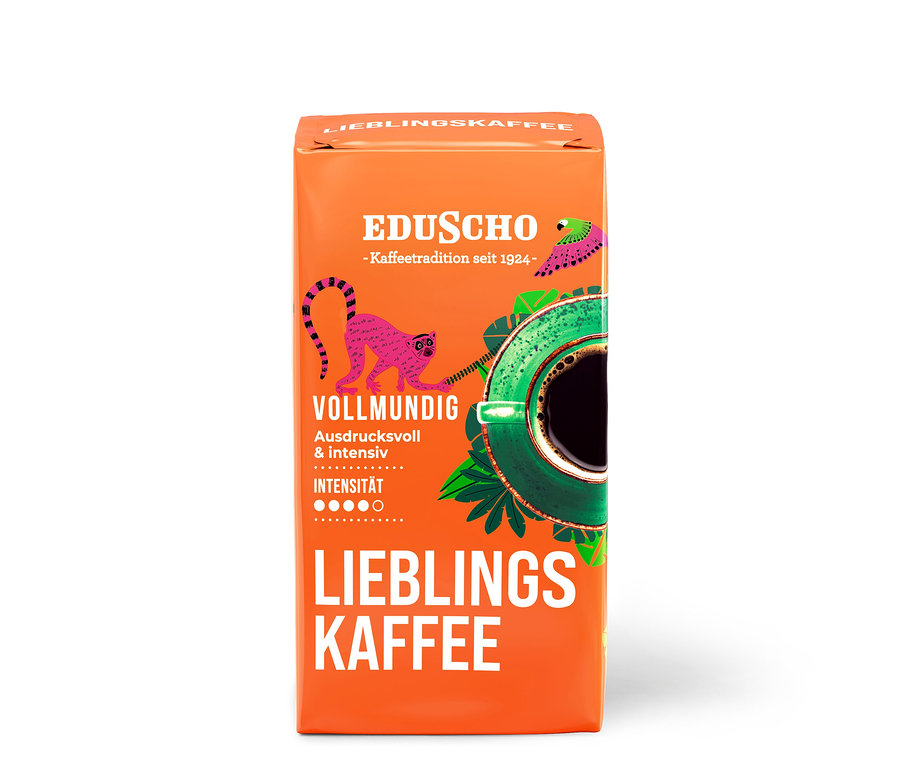 Eine Packung Eduscho Lieblingskaffee gemahlener Kaffee.
