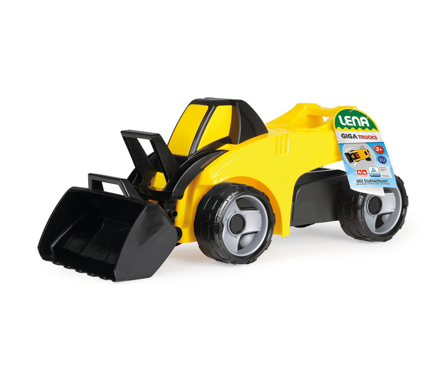 Gelber und schwarzer GIGA TRUCKS Aufsitz-Schaufellader »Pro X« mit großer schwarzer Schaufel und Produktetikett.