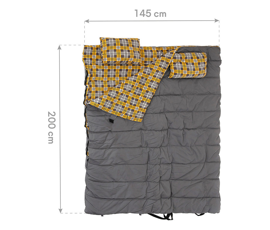 Grauer XXL-Doppelschlafsack mit gelb-grau-weiß karierter Innenseite und zwei integrierten Kissen. Maße: 200 cm Länge, 145 cm Breite.