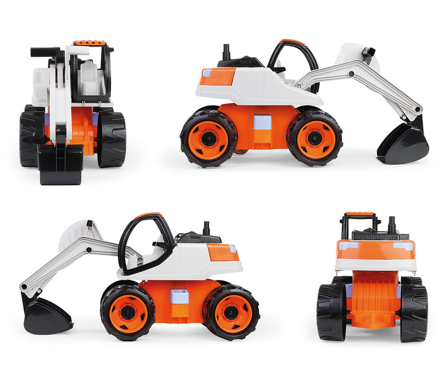 Vier Ansichten eines orange-weißen GIGA TRUCKS Bagger Pro Spielzeugbaggers mit schwarzer Schaufel und großen Rädern.
