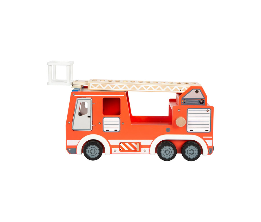 Rotes hölzernes Feuerwehrauto mit weißer Leiter.