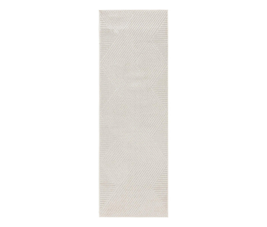 Heller beigefarbener rechteckiger Läufer mit einem dezenten geometrischen Muster aus diagonalen Linien, die Rauten und Zickzackformen bilden. benuta Indoor-Outdoor-Läufer Mars.