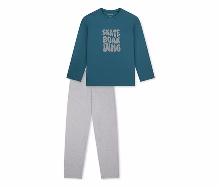 SCHIESSER Kinder-Pyjama »Skate«: Türkises Langarmshirt mit „SKATE BOARDING“-Aufschrift und hellgraue lange Hose.