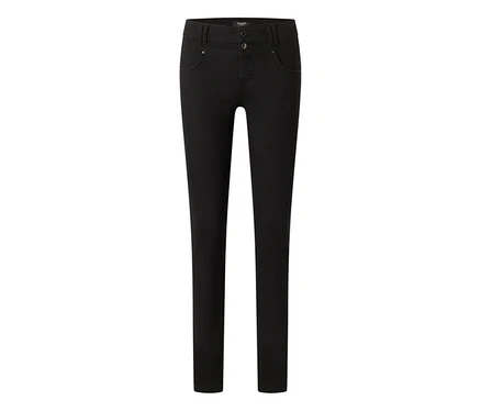 Schwarze Angels Denim Skinny Button Jeans mit Knopfverschluss und Taschen, auf weißem Hintergrund.