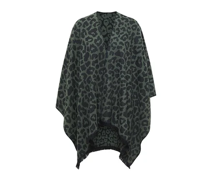 CECIL Poncho in Dunkelgrün mit schwarzem Leopardenmuster, V-Ausschnitt und Fransen am Saum.