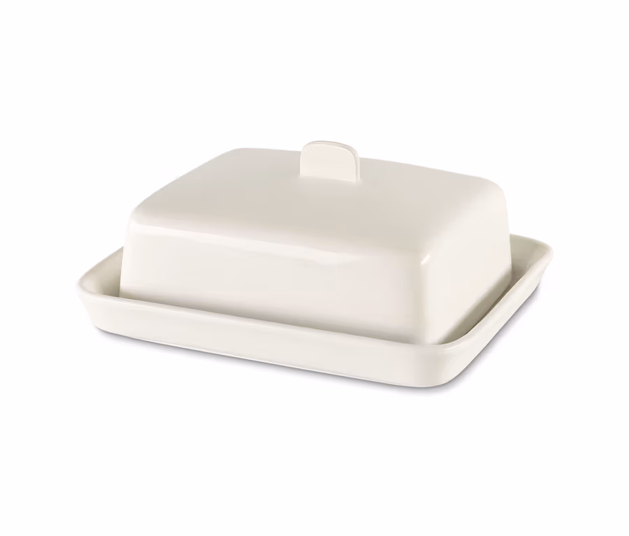 Eine weiße Butterdose.