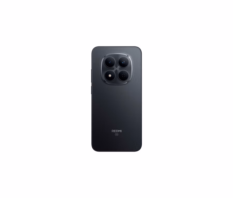 Schwarzes Xiaomi Redmi Note 15 Pro 5G Smartphone, Rückansicht, mit großem kreisförmigem Kameramodul mit vier Objektiven und 'REDMI 5G'-Branding.