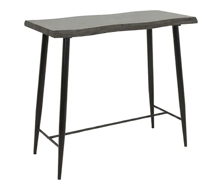 Grauer Hela Bartisch "Gabi I" mit Baumkante und schwarzen Metallbeinen, verbunden durch eine Fußstütze.