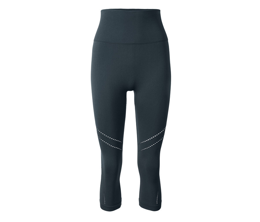 Dunkelgraue, nahtlose 3/4-Sporttight mit hohem Bund und perforierten Details an den Beinen.