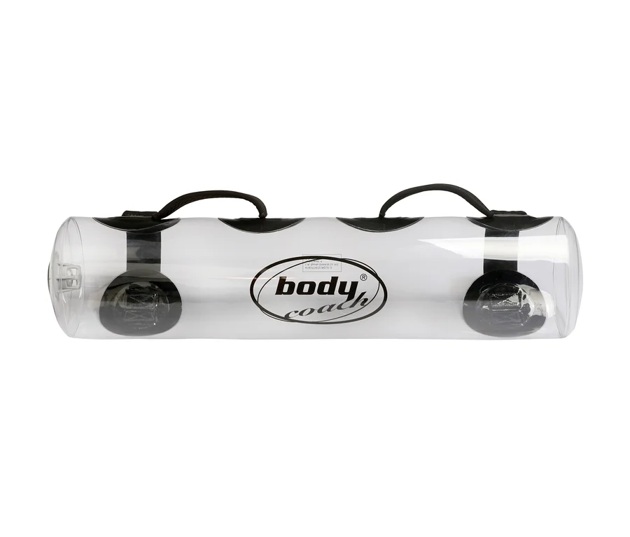Ein durchsichtiger Aquabag mit schwarzen Griffen und Body Coach-Logo in der Mitte.