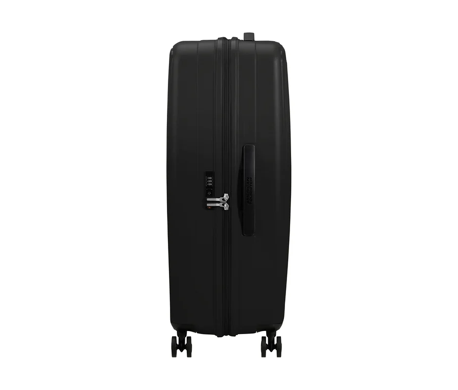 Schwarzer American Tourister »Rejoy Spinner« Koffer mit seitlichem Griff und Zahlenschloss.