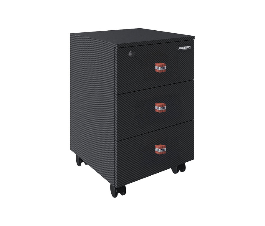 Schwarzer Minecraft Rollcontainer mit drei Schubladen und TNT-Motiv.