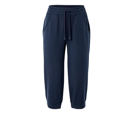 Dunkelblaue, dreiviertellange Jogginghose mit Kordelzug und Taschen.