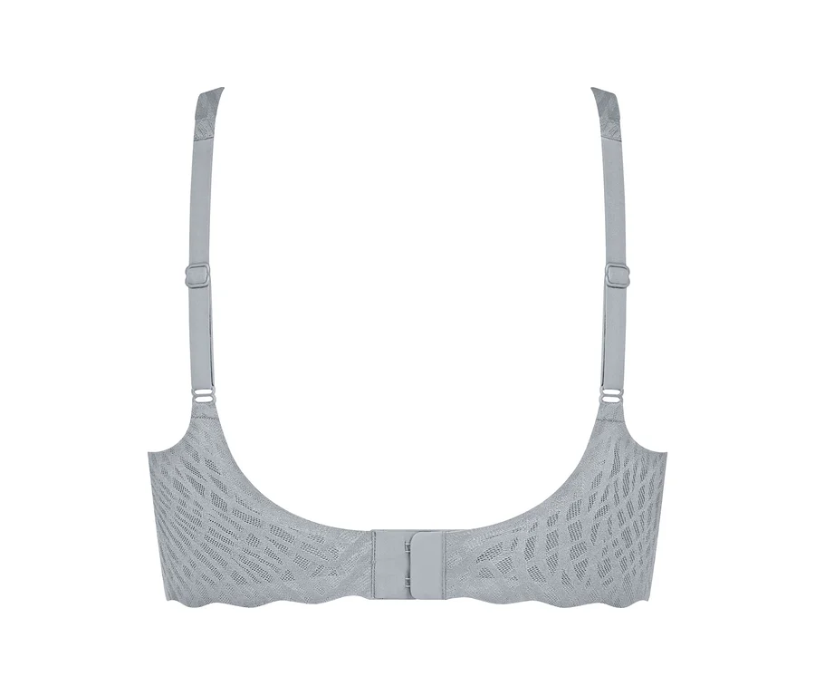 Grauer sloggi Zero Feel Bliss Soft Bra mit gemusterter Rückseite, verstellbaren Trägern und Hakenverschluss.