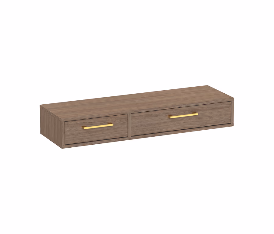 Hängekonsole „Glenn“ in Holzoptik mit zwei Schubladen und goldenen Griffen.