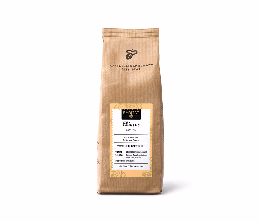 Braune Kaffeepackung Rarität Chiapas Mexiko - 500 g Ganze Bohne, mit gelbem Etikett, das Geschmacksnoten und Intensität zeigt.