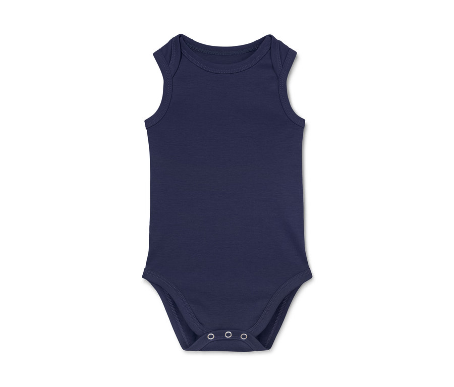 Detailaufnahme eines blauen, ärmellosen Bodys aus einem 5er-Set.