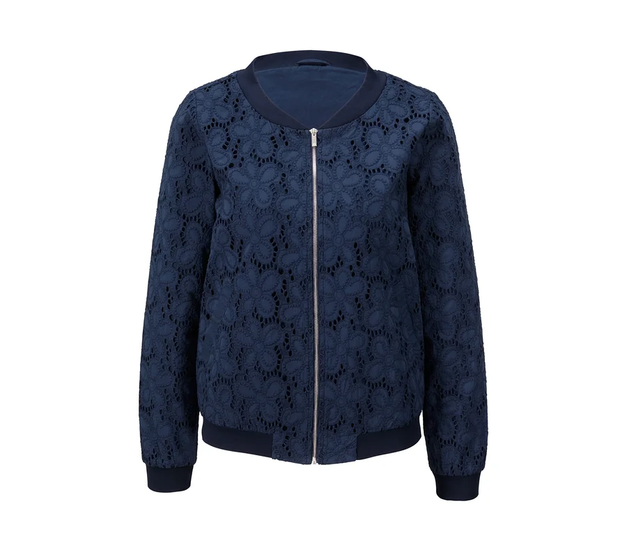 Marineblauer Blouson mit floraler Lochstickerei und silbernem Reißverschluss.