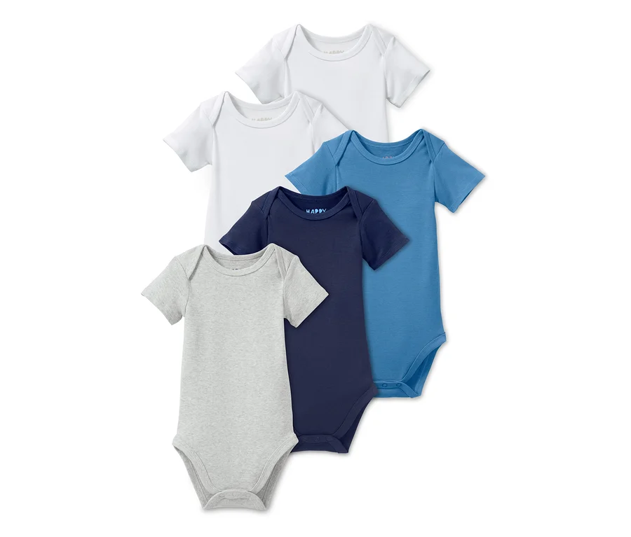 Fünf kurzärmelige Babybodys in Grau, Dunkelblau, Blau und Weiß.