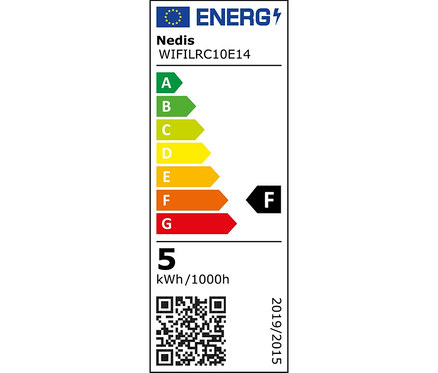 Energielabel für Nedis WIFILRC10E14, Energieeffizienzklasse F, Verbrauch 5 kWh/1000h, mit QR-Code und Verordnung 2019/2015.