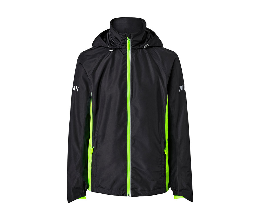 Schwarze Velo-Regenjacke mit neon-grünem Reißverschluss.