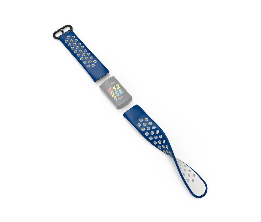 Blauer Fitbit Aktivitäts-Tracker »Charge 5« mit zusätzlichem Armband auf weißem Hintergrund.