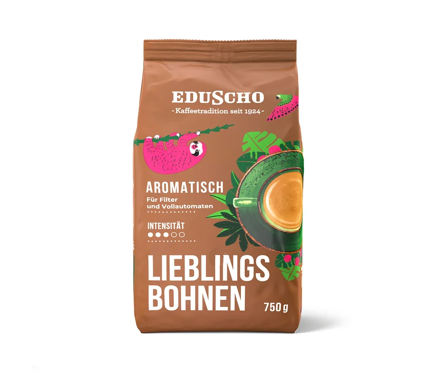 Braune Eduscho Lieblingsbohnen Aromatisch 750 g Ganze Bohne Packung mit Faultier, Blättern und Kaffeetasse.